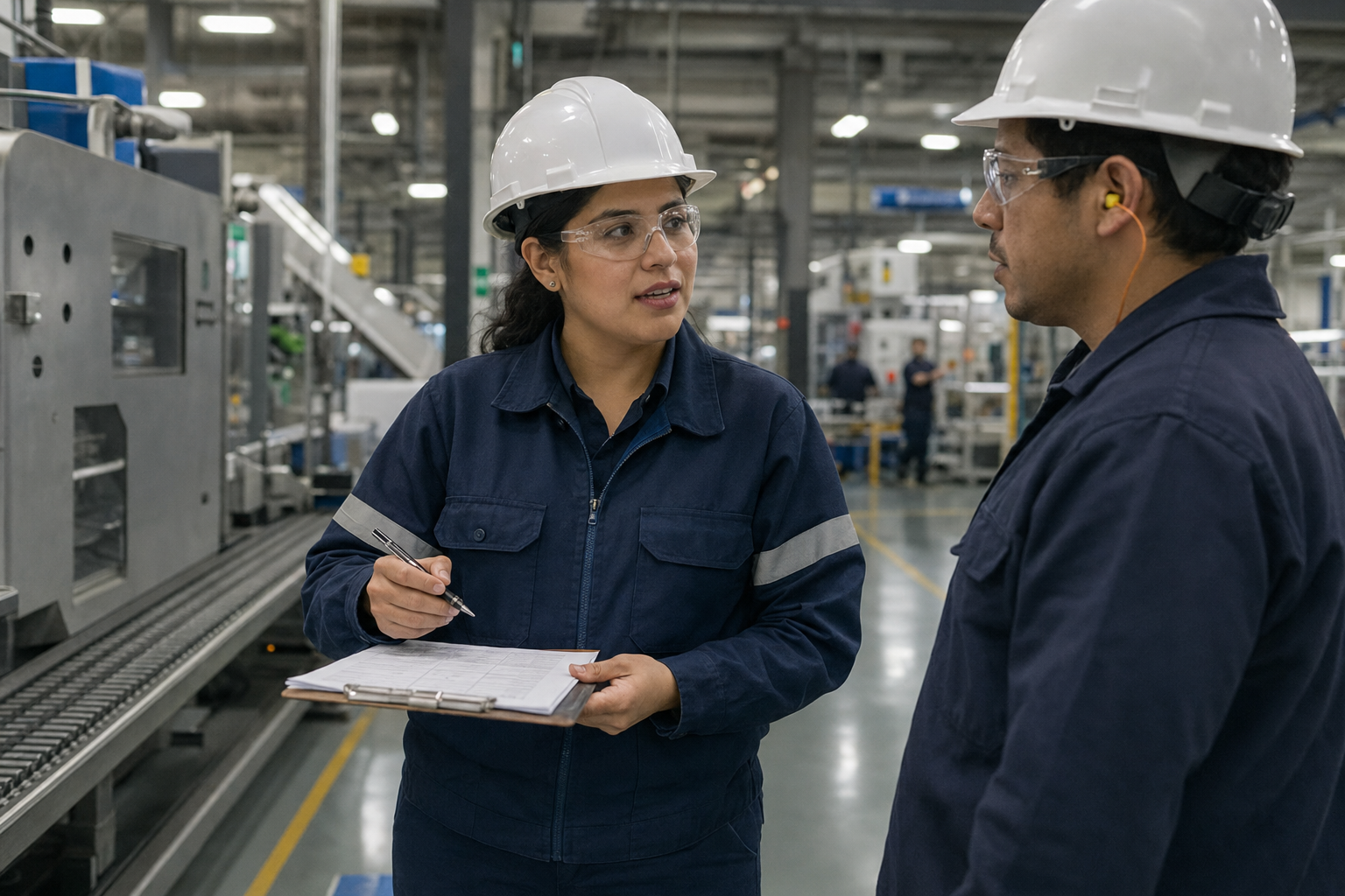 Especialista EHS realizando un recorrido de seguridad en una planta industrial